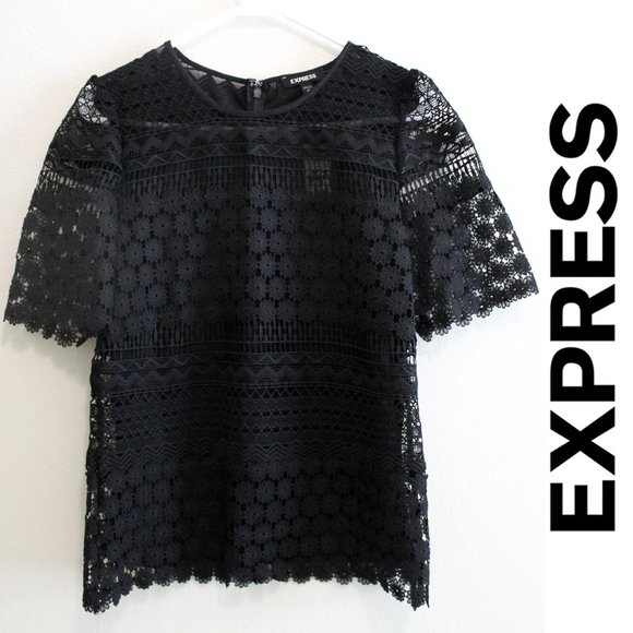 Express Tops - NEW Lace Puff Sleeve Crew Neck Blouse